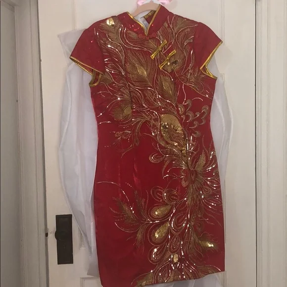 Chinese qipao dress red & gold sequin - Picture 1 of 6